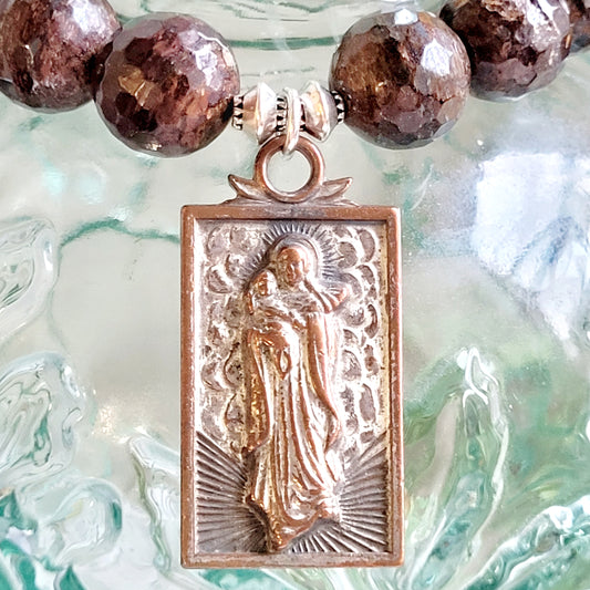 Bronzite Faceted 12mm Beaded Bracelet w/ Large Bronze Rectangular Medal Of Our Lady of the Snows