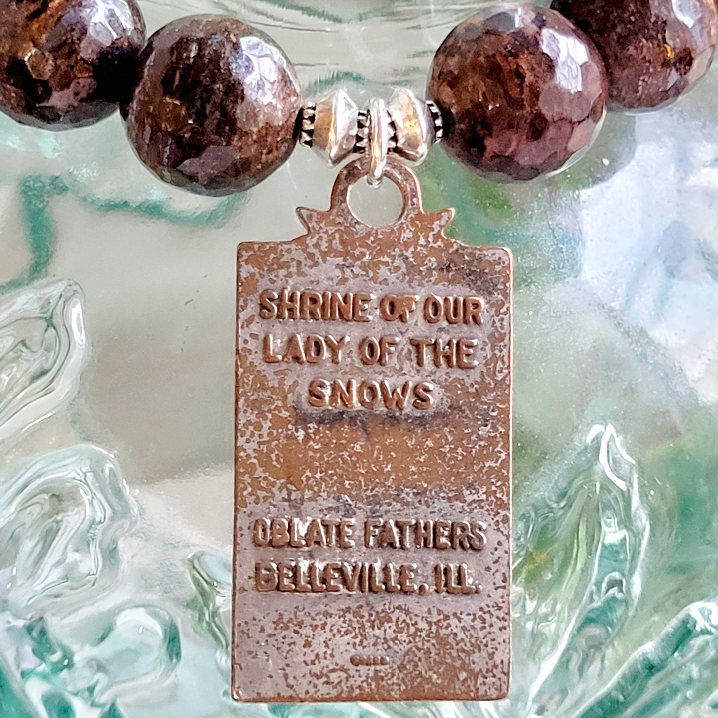 Bronzite Faceted 12mm Beaded Bracelet w/ Large Bronze Rectangular Medal Of Our Lady of the Snows