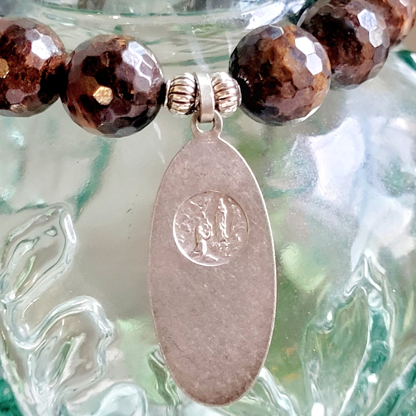 Bronzite Faceted 12mm Beaded Bracelet w/ Large Silver Oval Medal of Our Lady of Lourdes