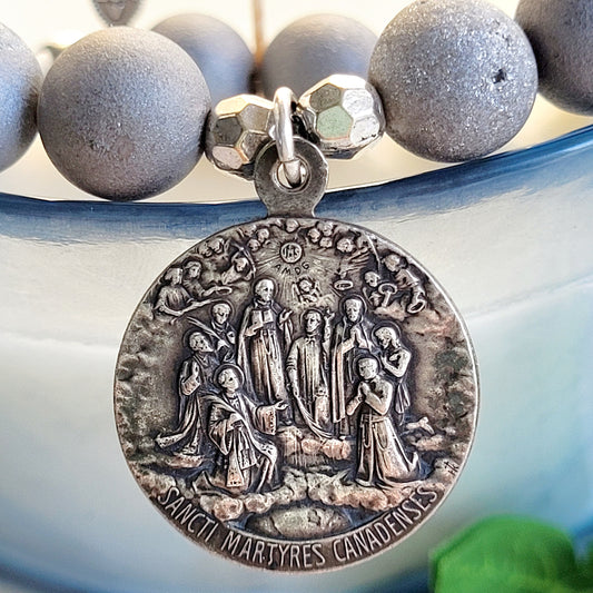 Druzy Agate Gray 10mm Beaded Bracelet w/ Vintage Deeply Embossed Silver Plated Medal of The Canadian Martyrs