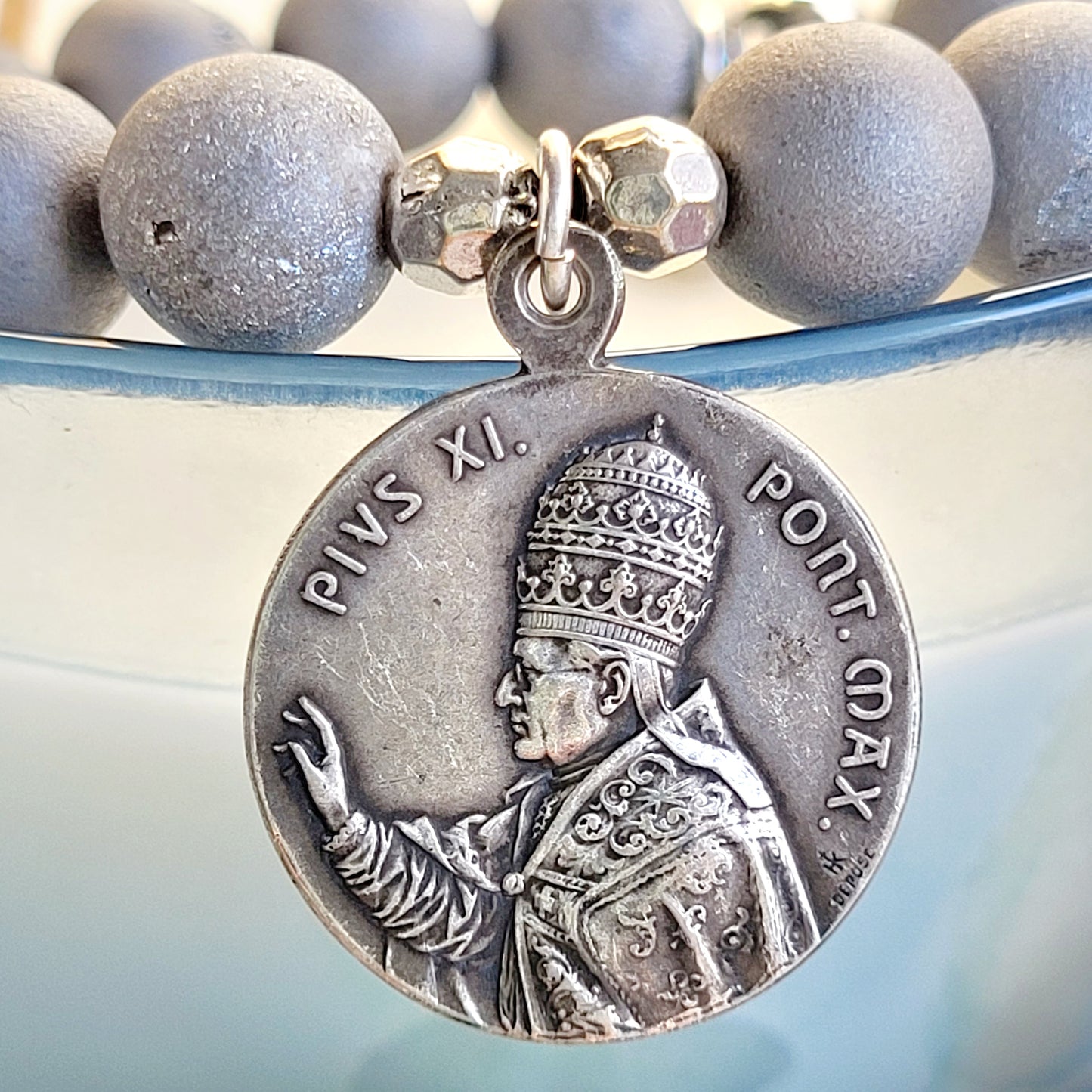 Druzy Agate Gray 10mm Beaded Bracelet w/ Vintage Deeply Embossed Silver Plated Medal of The Canadian Martyrs