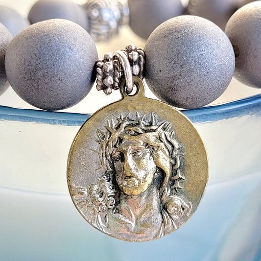 Druzy Agate Gray 12mm Beaded Bracelet w/ Large Bronze Medal of Christ with the Crown of Thorns