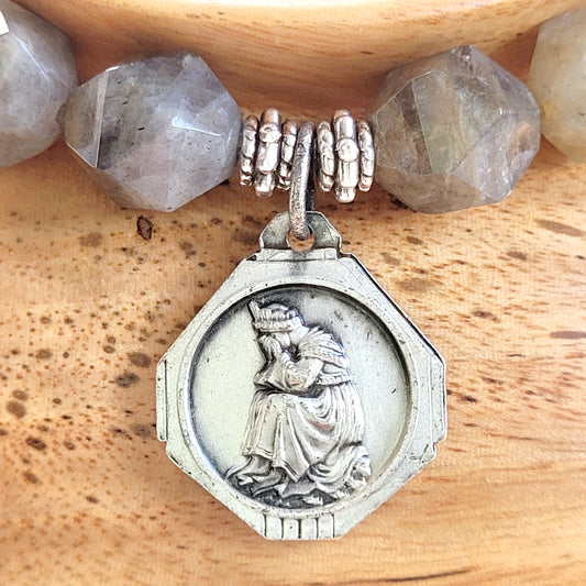 Labradorite Star Cut Faceted 8mm Beaded Bracelet w/ Silver Plated Medal of Our Lady of La Salette from France