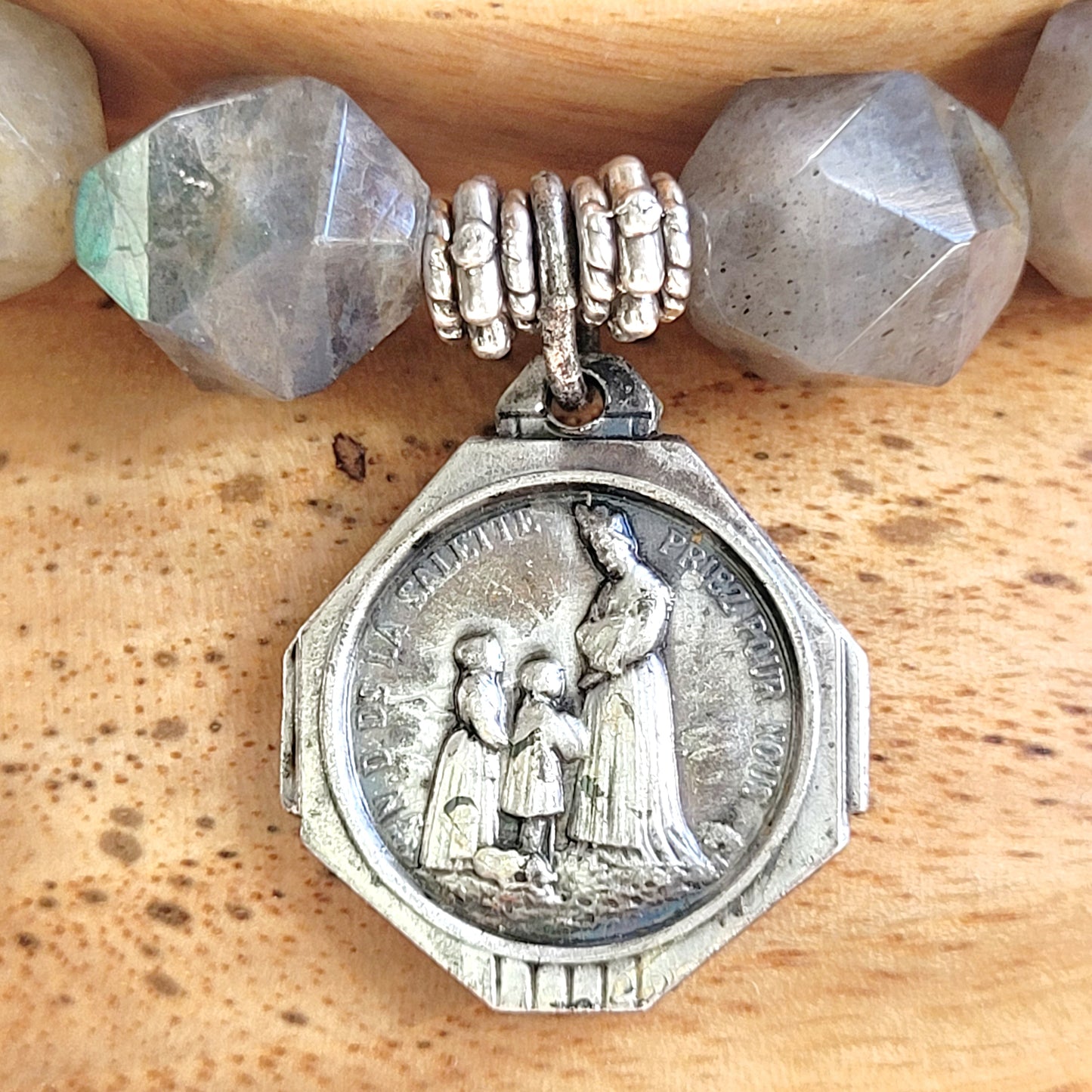 Labradorite Star Cut Faceted 8mm Beaded Bracelet w/ Silver Plated Medal of Our Lady of La Salette from France