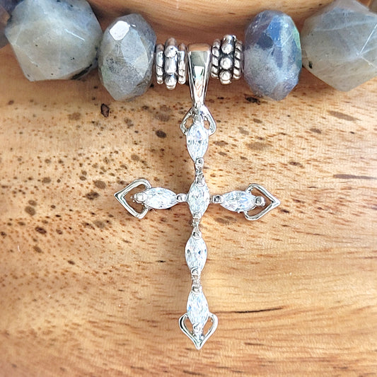 Labradorite Star Cut Faceted 8mm Beaded Bracelet w/ Sterling Silver Cross with Marquise CZ Stones