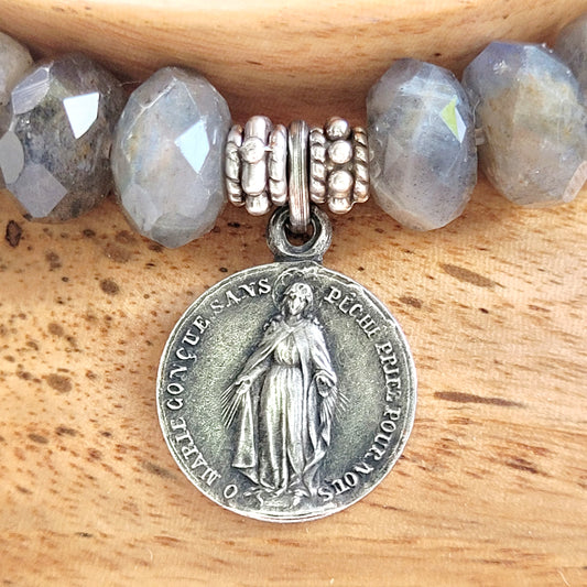 Labradorite Star Cut Faceted 8mm Beaded Bracelet w/ Vintage Sterling Silver Miraculous Medal from France