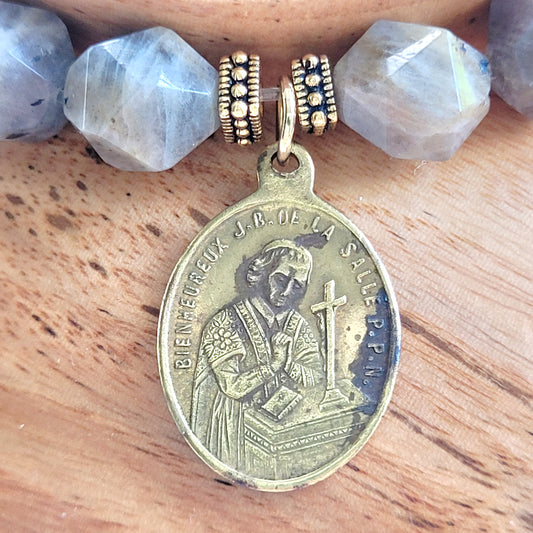 Labradorite Star Cut Faceted 8mm Beaded Bracelet w/ Vintage Bronze Medal of St. John Baptist de La Salle from France