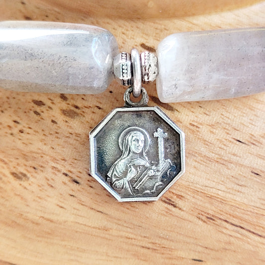 Labradorite Tubular Faceted 8mm Beaded Bracelet w/Vintage Silver Plate Medal of St. Therese of Lisieux from France