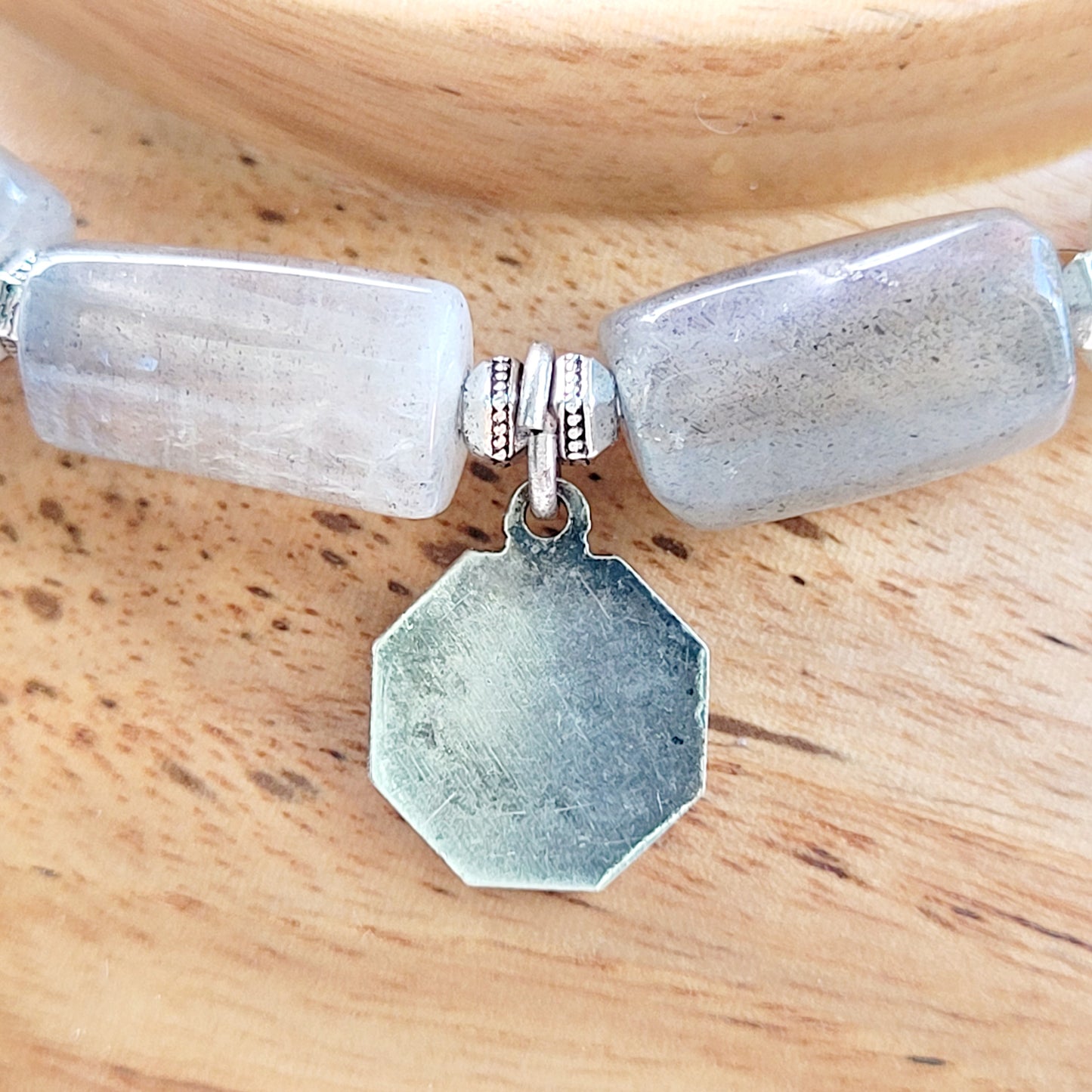 Labradorite Tubular Faceted 8mm Beaded Bracelet w/Vintage Silver Plate Medal of St. Therese of Lisieux from France