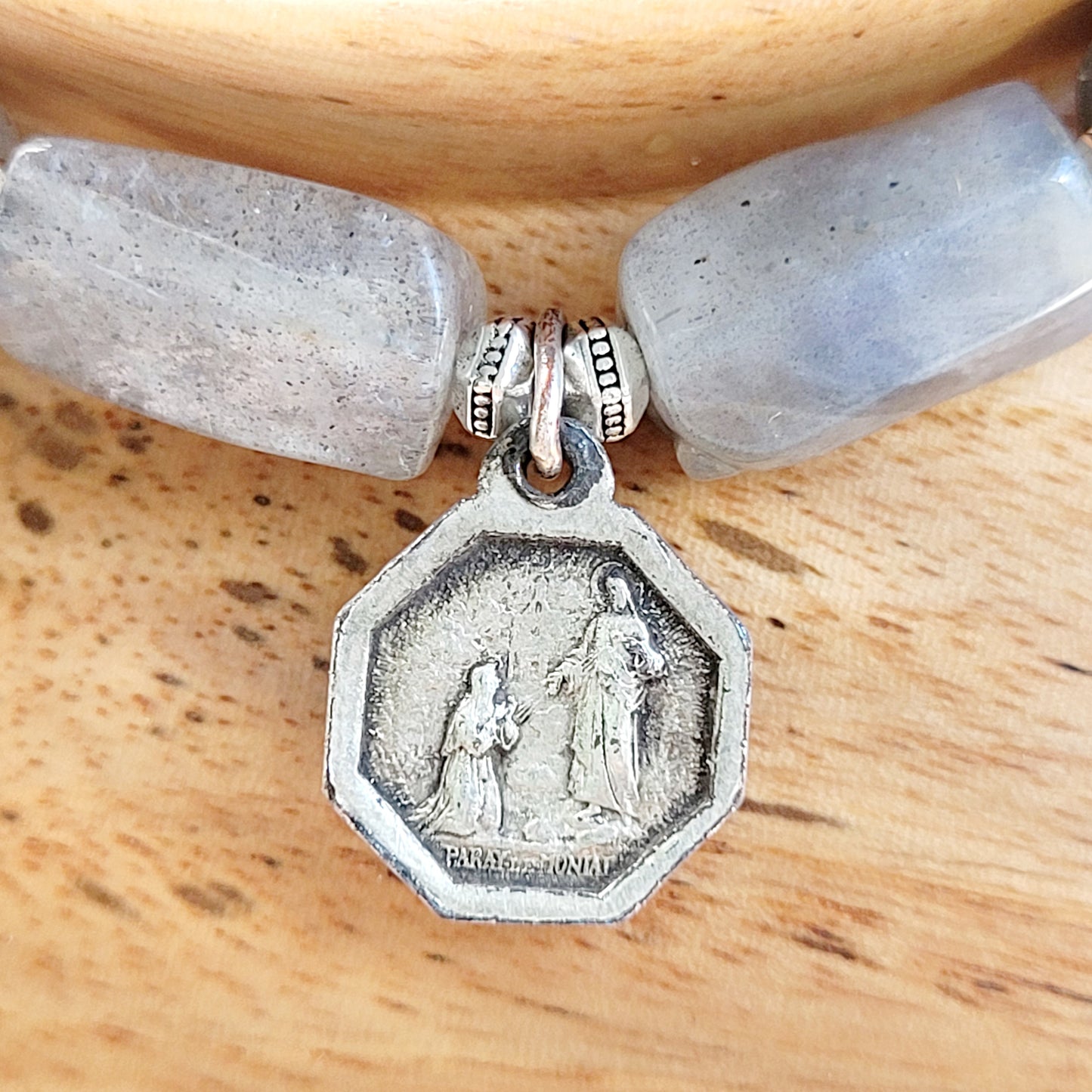 Labradorite Tubular Faceted 8mm Beaded Bracelet w/ Silver Plated Deeply Embossed Sacred Heart of Jesus Medal