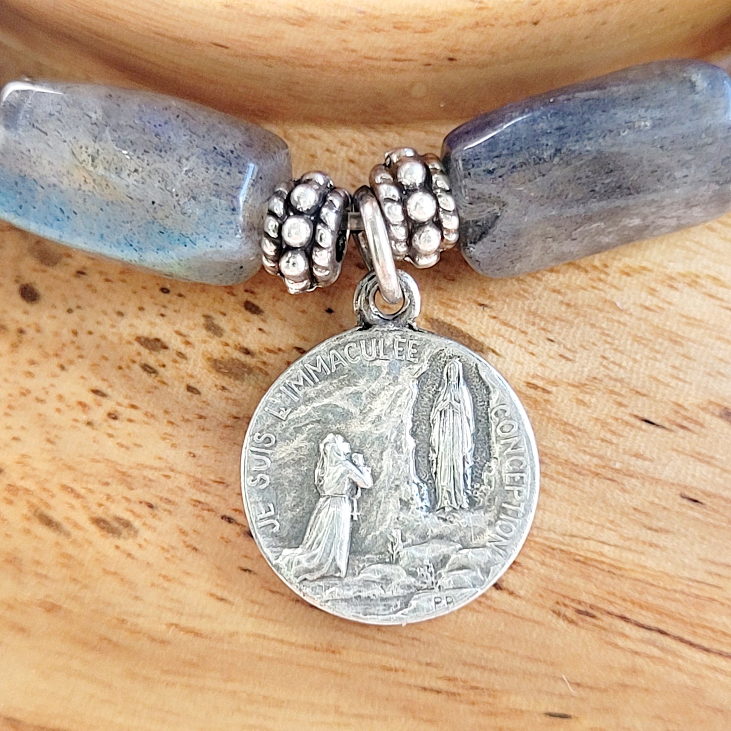 Labradorite Tubular Faceted 8mm Beaded Bracelet w/ Vintage Small Medal of St. Bernadette from France