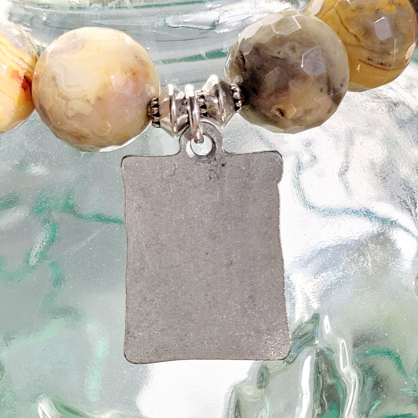 Crazy Lace Agate Faceted 12mm Beaded Bracelet w/ Silver Plated Bas Relief Metal of Our Lady of Lourdes