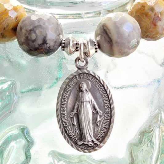 Crazy Lace Agate Faceted 12mm Beaded Bracelet w/ Miraculous Medal Silver Plated from France