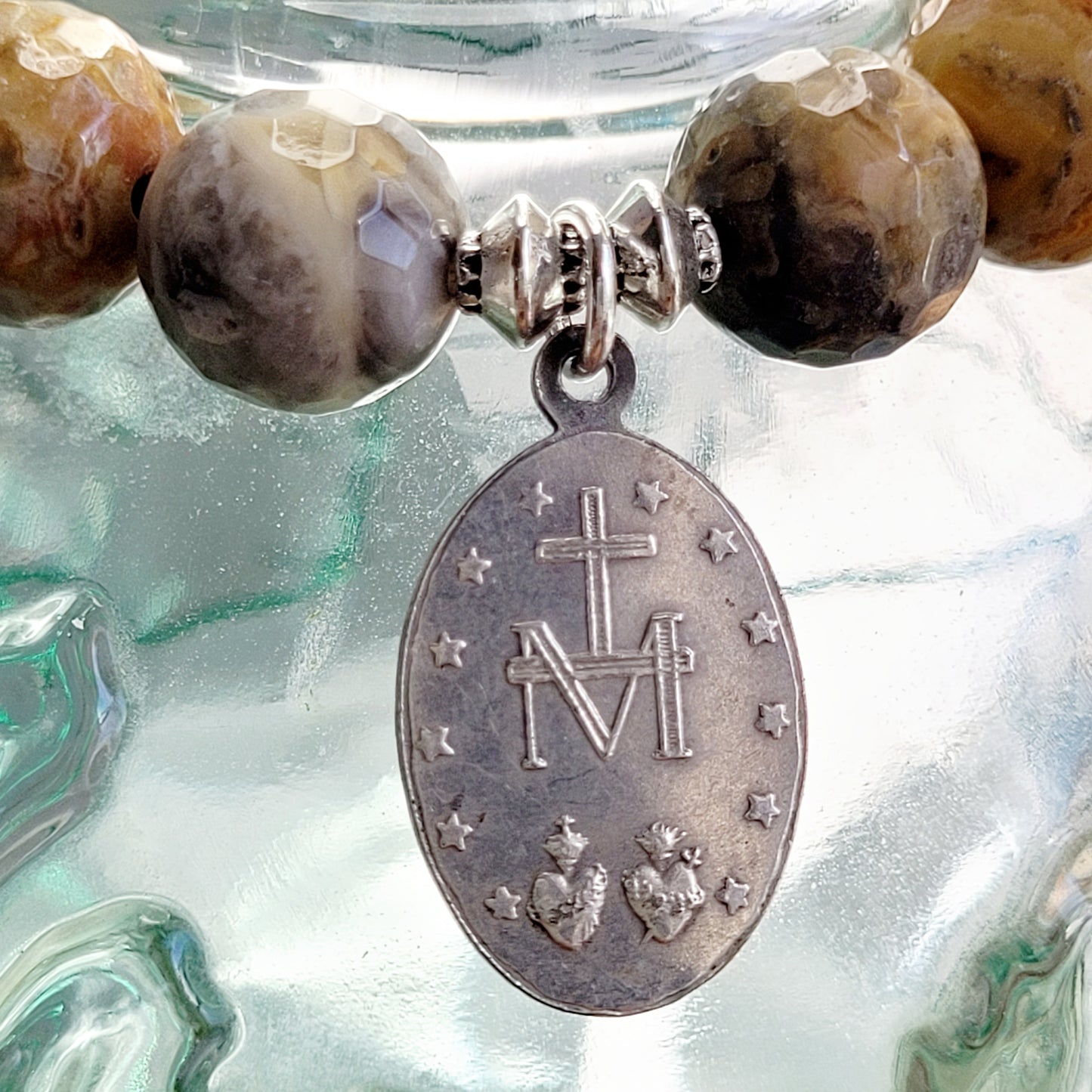 Crazy Lace Agate Faceted 12mm Beaded Bracelet w/ Miraculous Medal Silver Plated from France