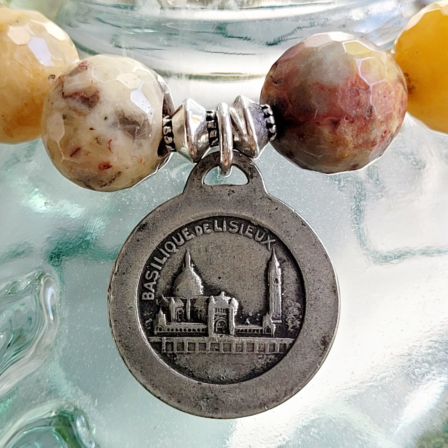 Crazy Lace Agate Faceted 12mm Beaded Bracelet w/ Signed Silver Plated Medal of St. Therese of Lisieux from France