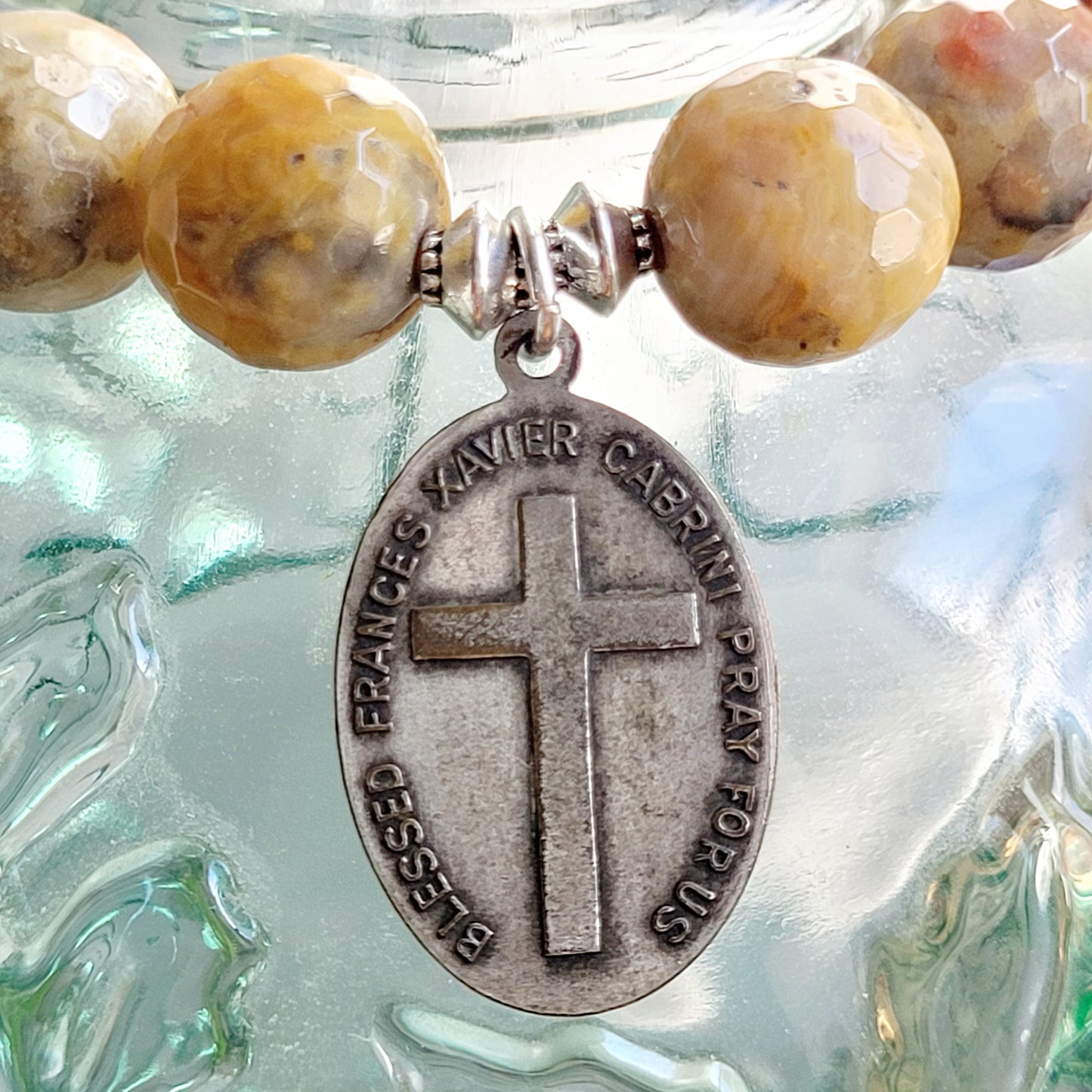 Crazy Lace Agate Faceted 12mm Beaded Bracelet w/ Silver Plated Medal of Mother Frances Xavier Cabrini