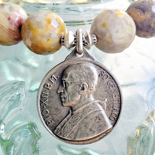 Crazy Lace Agate Faceted 12mm Beaded Bracelet w/ Pope Pius XII PM Silver Plated Medal