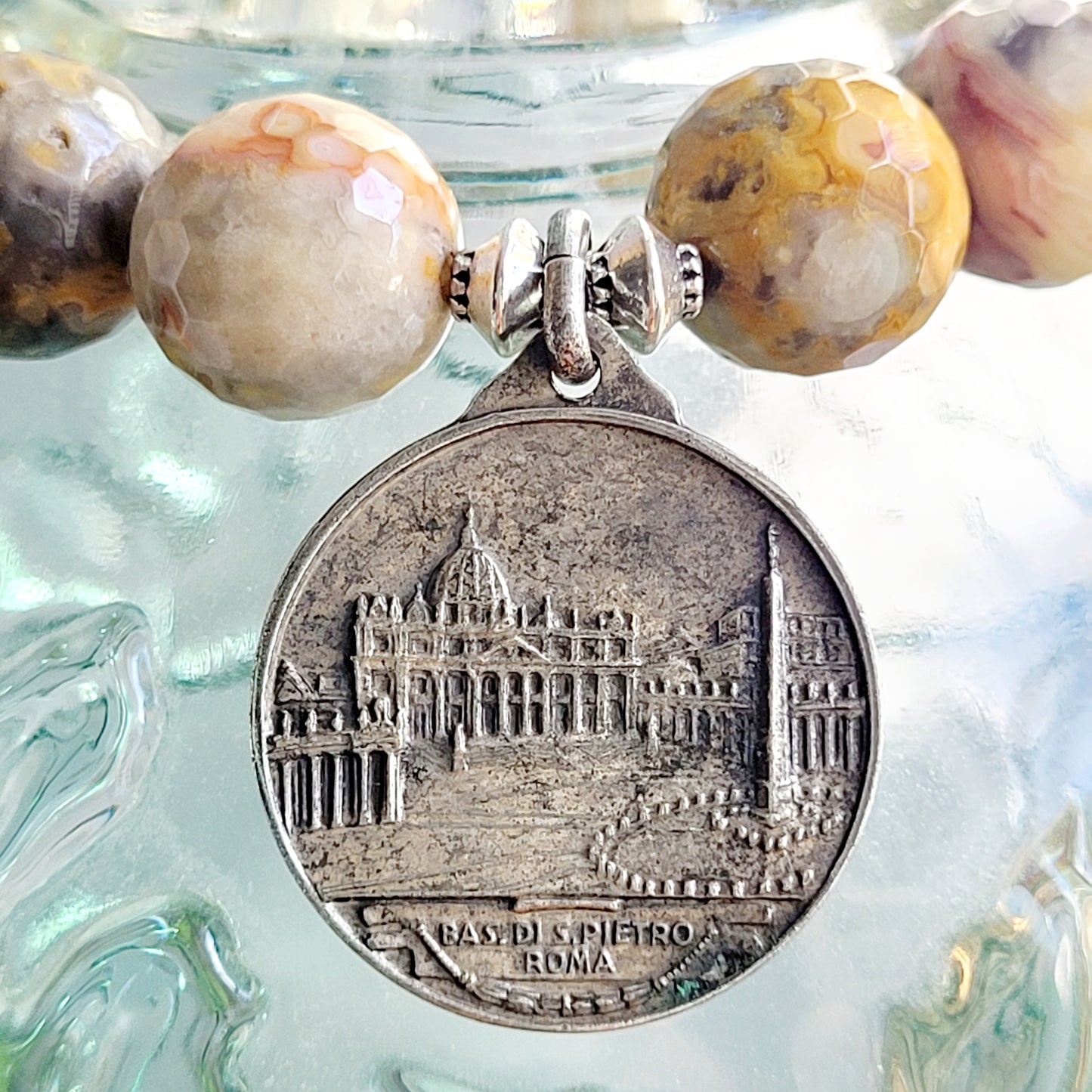Crazy Lace Agate Faceted 12mm Beaded Bracelet w/ Pope Pius XII PM Silver Plated Medal