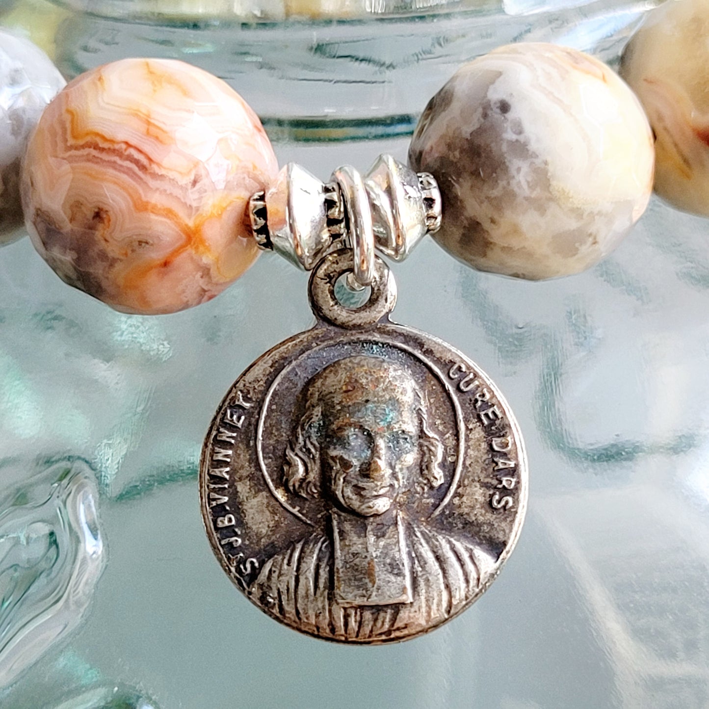 Crazy Lace Agate Faceted 12mm Beaded Bracelet w/ Vintage Blue Enamel Silver Medal of The Virgin Mary from France