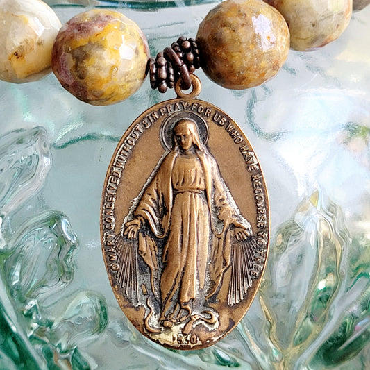 Crazy Lace Agate Faceted 12mm Beaded Bracelet w/ Large Bronze Oval Miraculous Medal of Mary from Italy