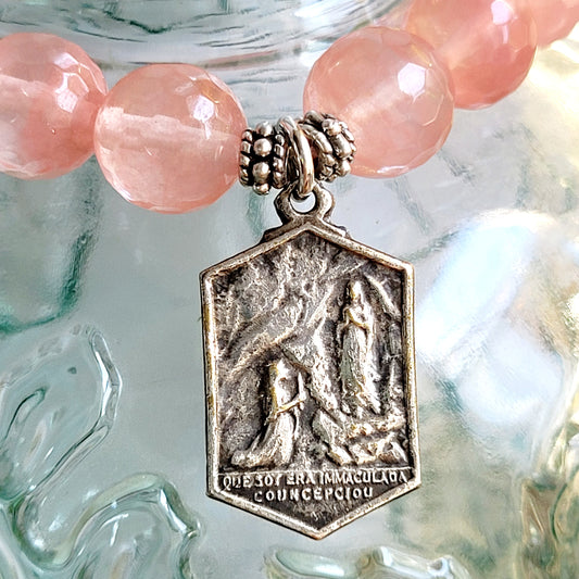 Cherry Quartz Faceted 10mm Beaded Bracelet w/ A Silver Medal from Lourdes France