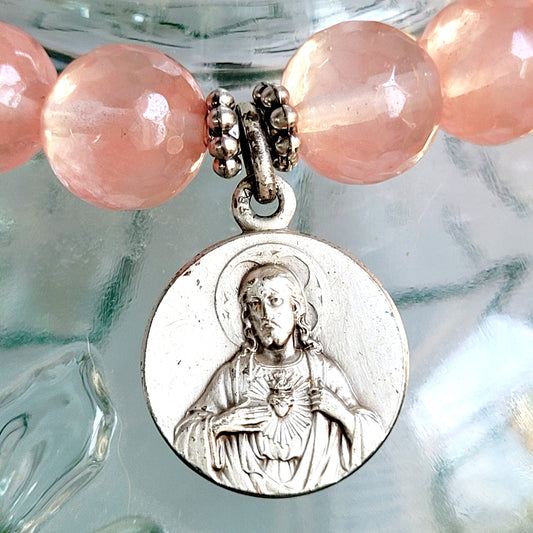 Cherry Quartz Faceted 10mm Beaded Bracelet w/ Sacred Heart of Jesus / Our Lady of Mount Carmel