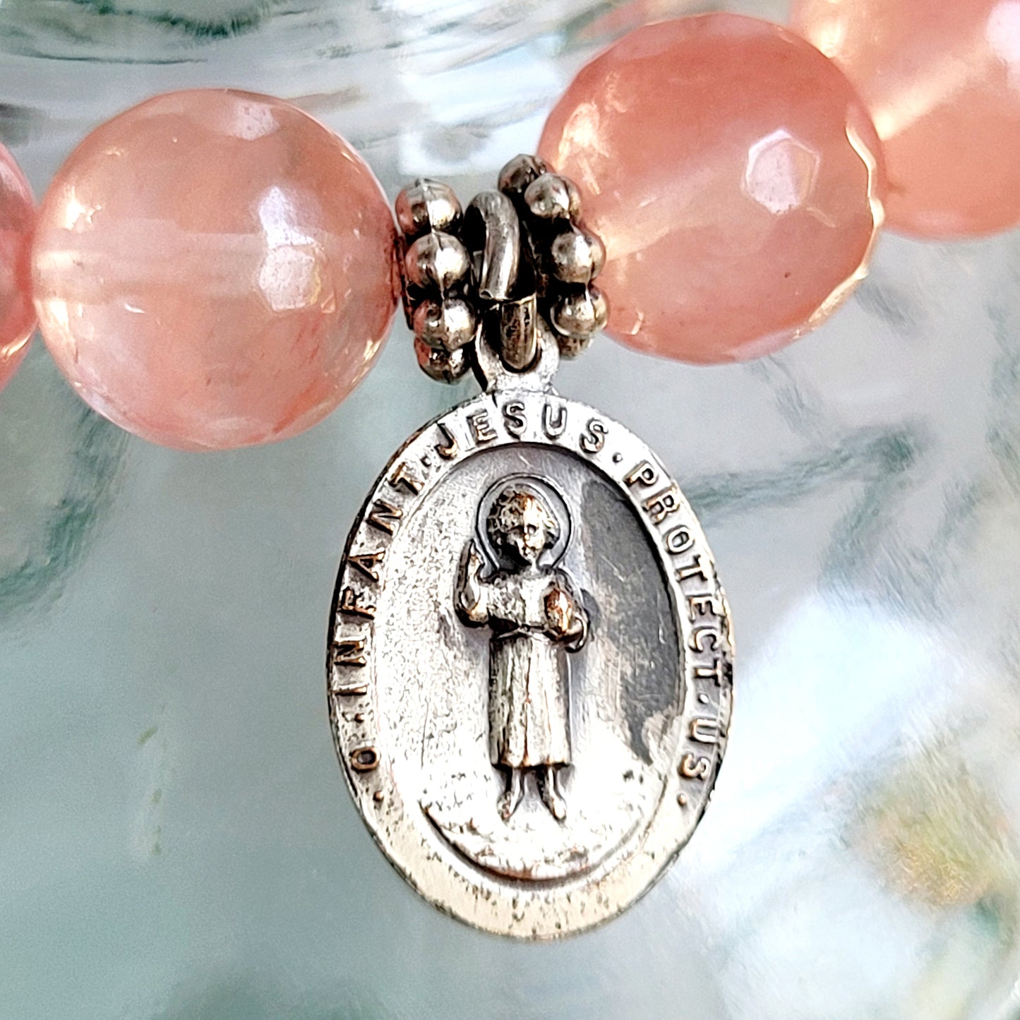 Cherry Quartz Faceted 10mm Beaded Bracelet w/ St. Christopher / Infant Jesus on the back
