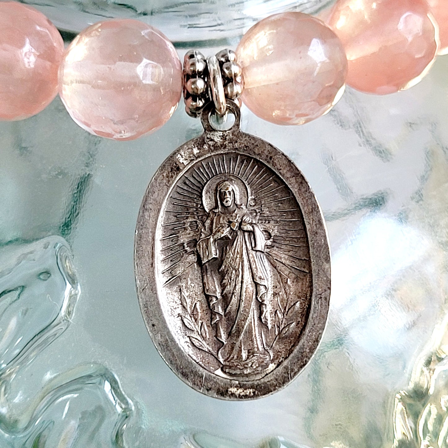 Cherry Quartz Faceted 10mm Beaded Bracelet w/ A Deeply Embossed Medal of St. Jude Thaddeus