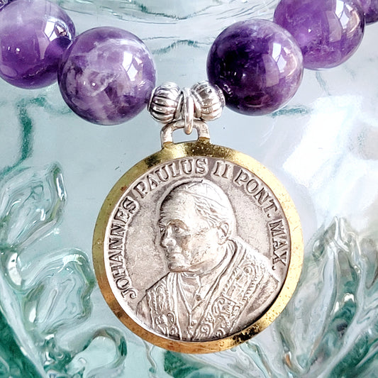 Amethyst 12mm Beaded Bracelet w/ A Beautiful Two Toned Silver Plated Medal of St. John Paul II
