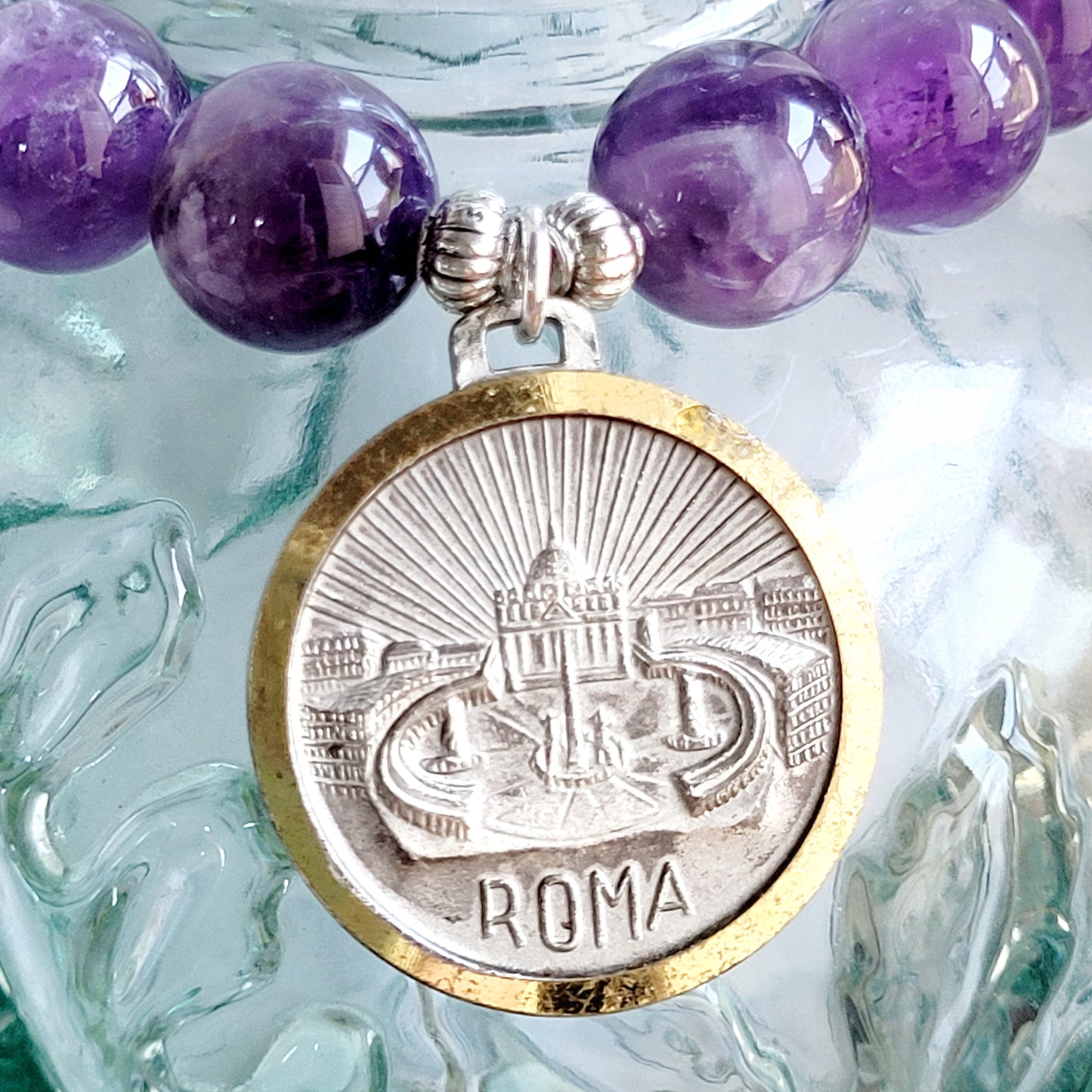 Amethyst 12mm Beaded Bracelet w/ A Beautiful Two Toned Silver Plated Medal of St. John Paul II
