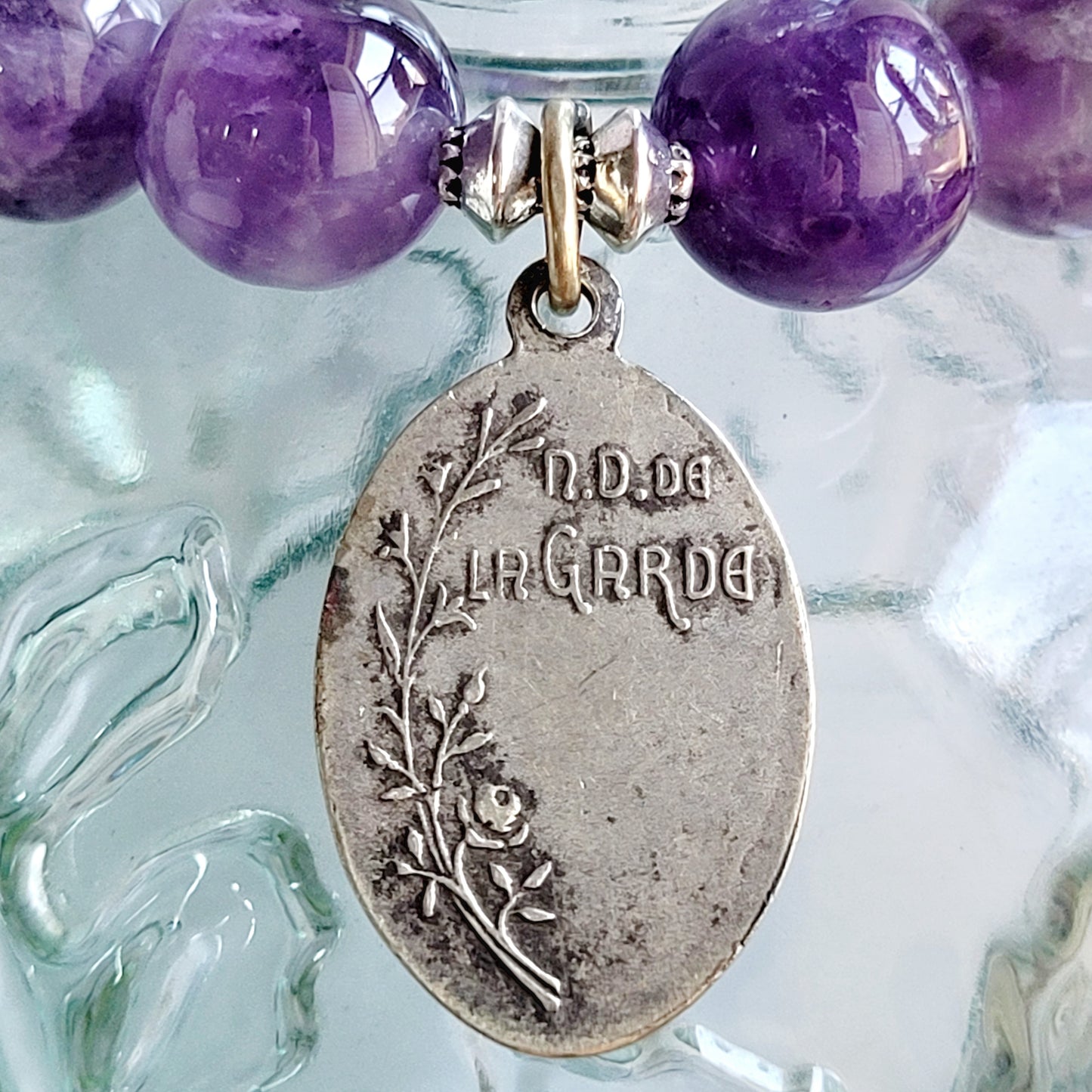 Amethyst 12mm Beaded Bracelet w/ Vintage Silver Medal of Notre Dame de la Garde