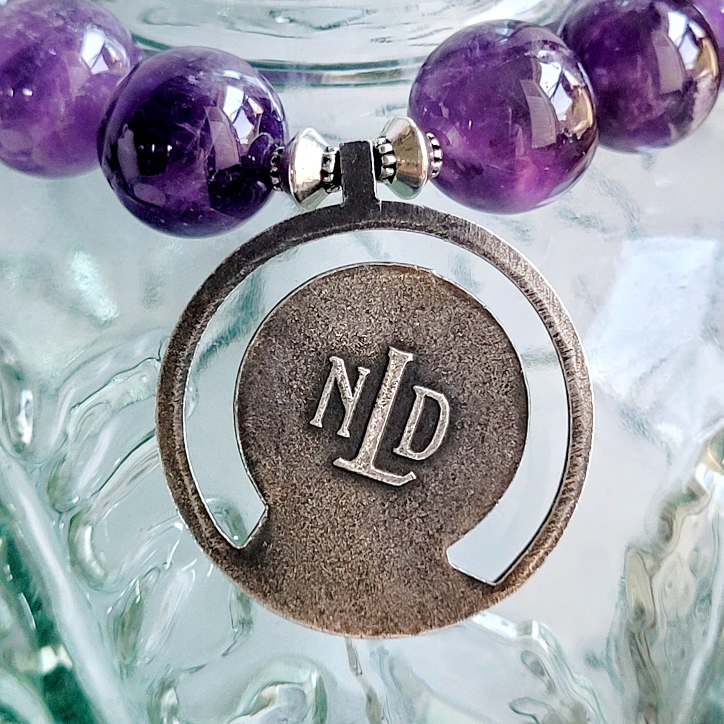 Amethyst 12mm Beaded Bracelet w/Vintage Silver Medal of Our Lady of Lourdes