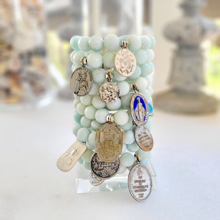 Amazonite Faceted 12mm Beaded Bracelets with unique religious medals