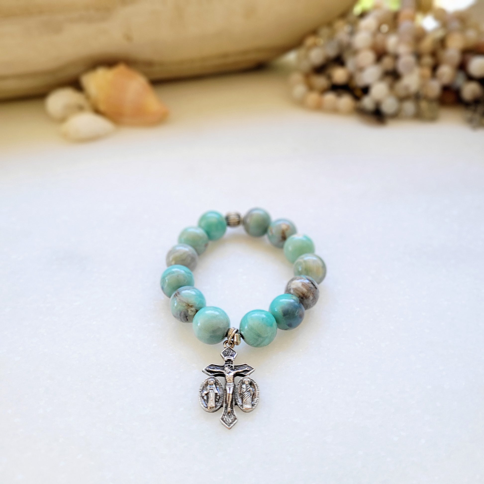 Turquoise 12mm Beaded Bracelet with Jesus, Mary & Joseph Cross - Afterlife Jewelry Designs