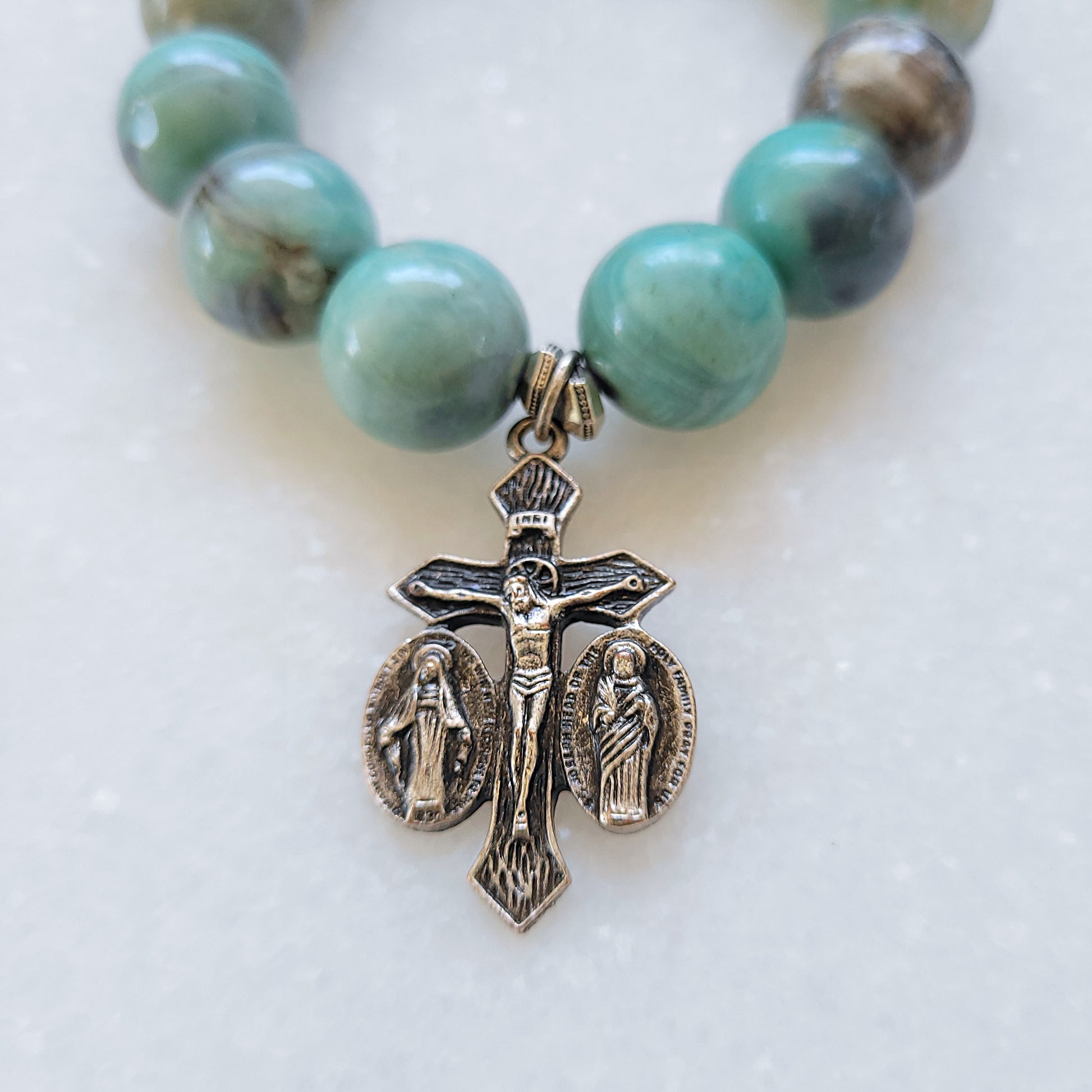 Turquoise 12mm Beaded Bracelet with Jesus, Mary & Joseph Cross - Afterlife Jewelry Designs