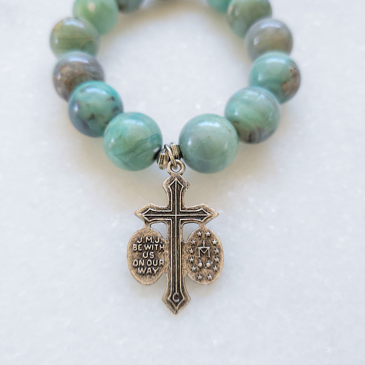 Turquoise 12mm Beaded Bracelet with Jesus, Mary & Joseph Cross - Afterlife Jewelry Designs