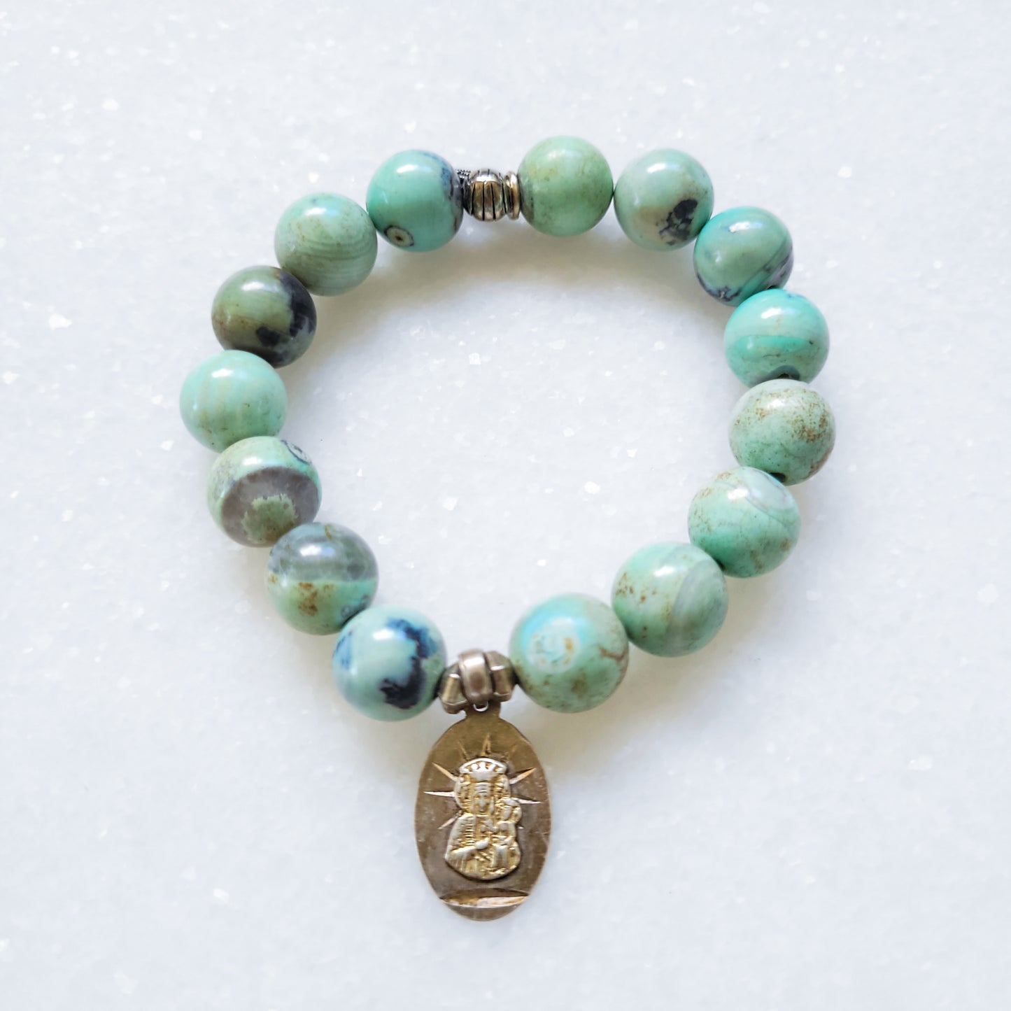 Turquoise 12mm Beaded Bracelet with Mary Holding the Christ Child Medal - Afterlife Jewelry Designs