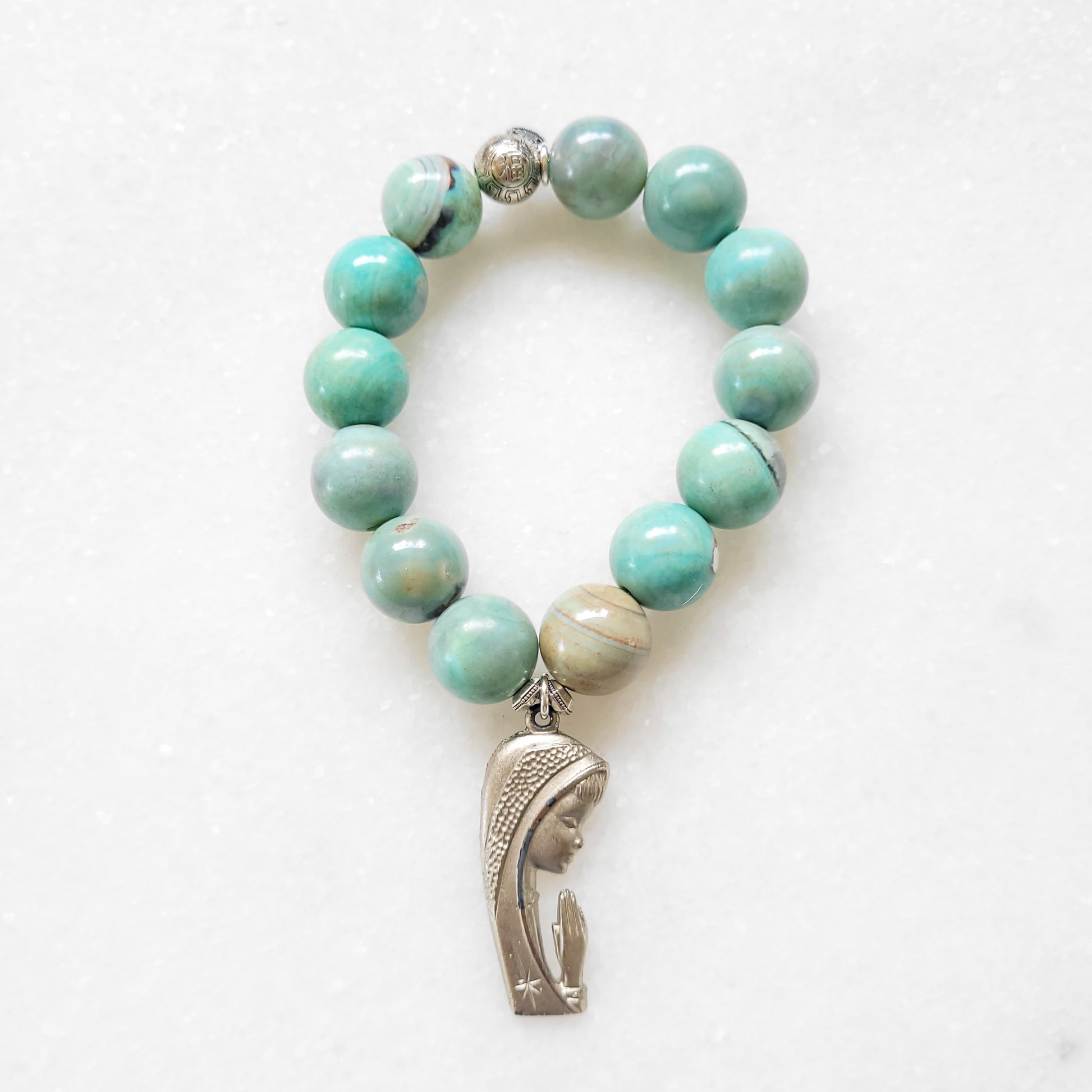 Turquoise 12mm Beaded Bracelet with Mary Prayer Hands Medallion - Afterlife Jewelry Designs