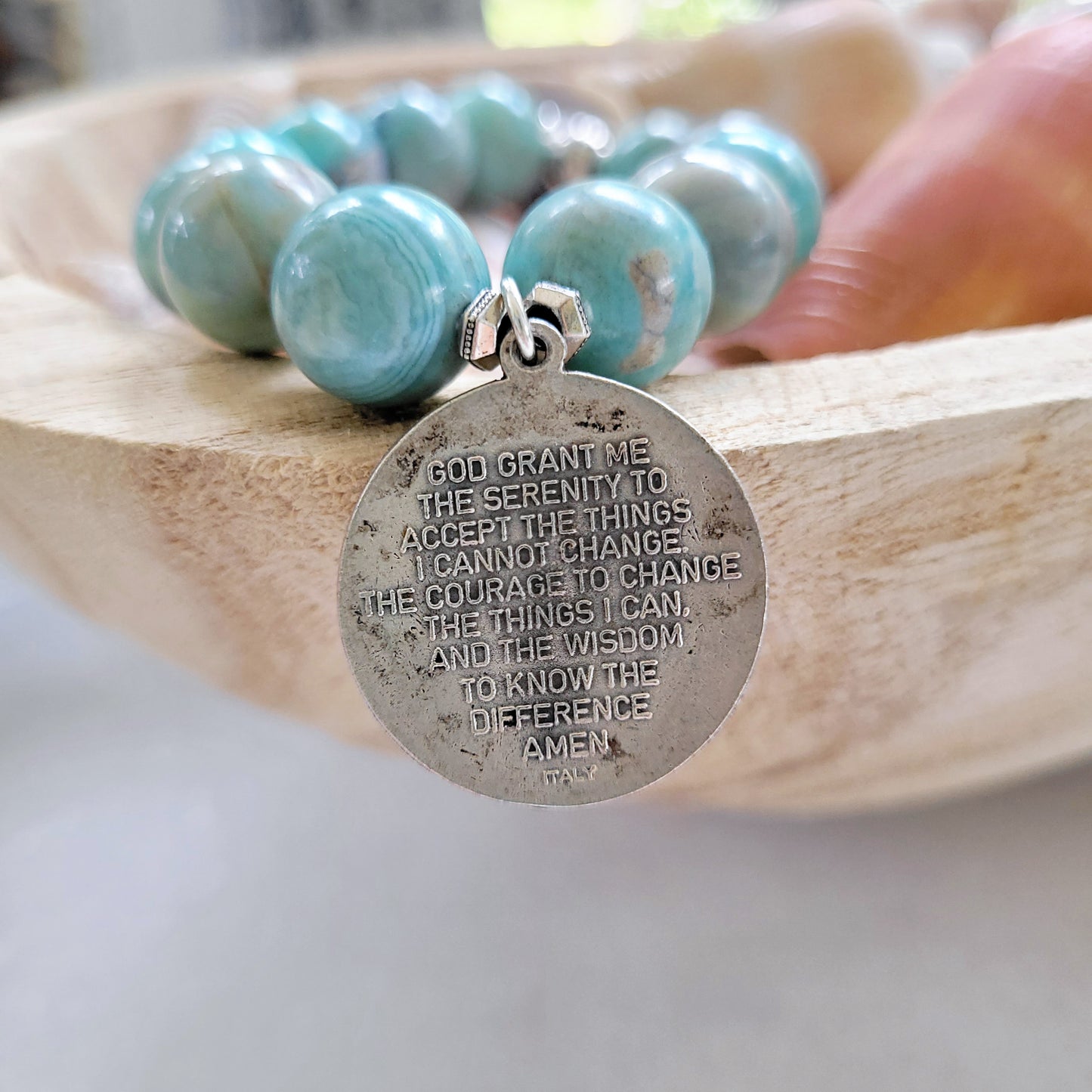 Turquoise 12mm Beaded Bracelet with Praying Hands Medal & Serenity Prayer - Afterlife Jewelry Designs