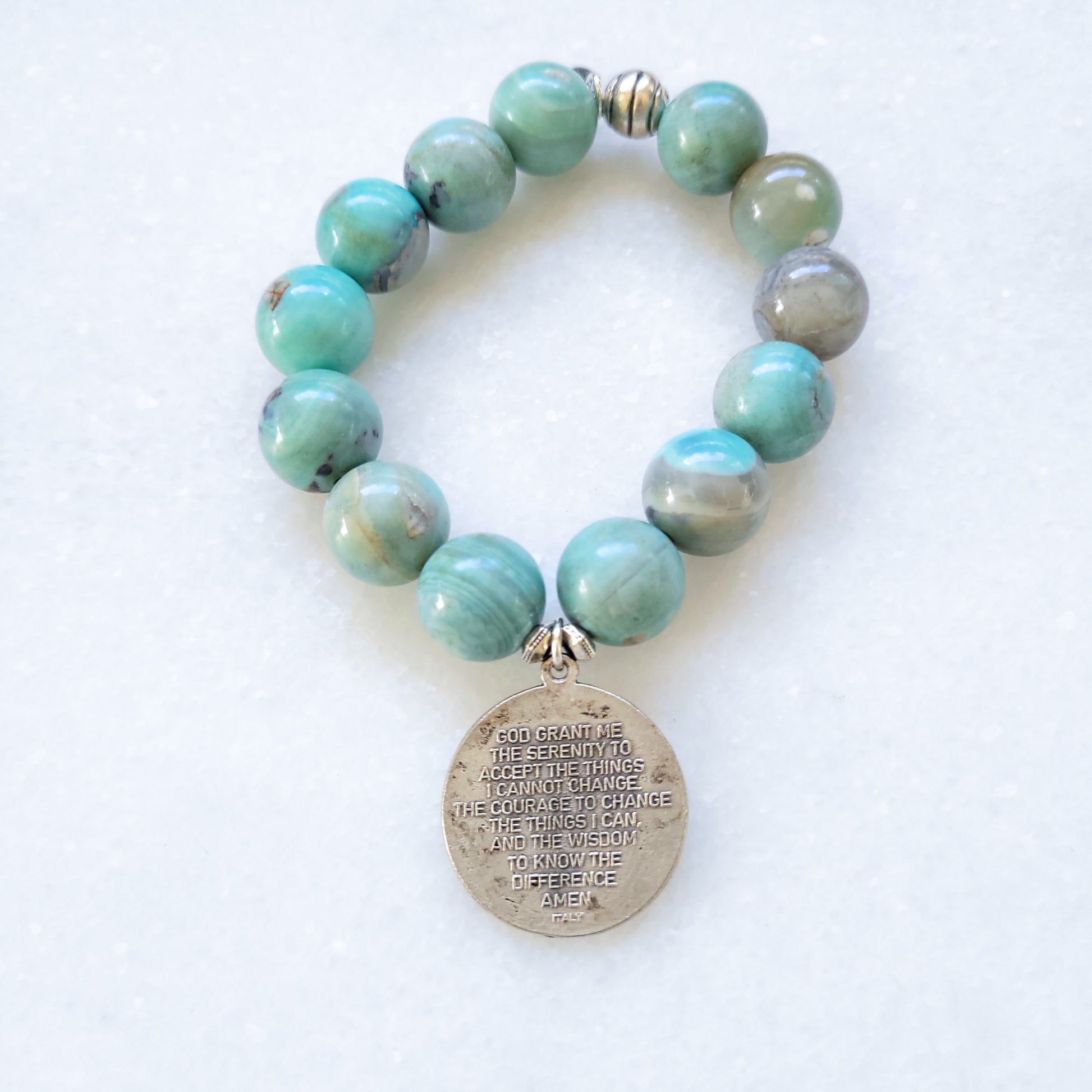 Turquoise 12mm Beaded Bracelet with Praying Hands Medal & Serenity Prayer - Afterlife Jewelry Designs