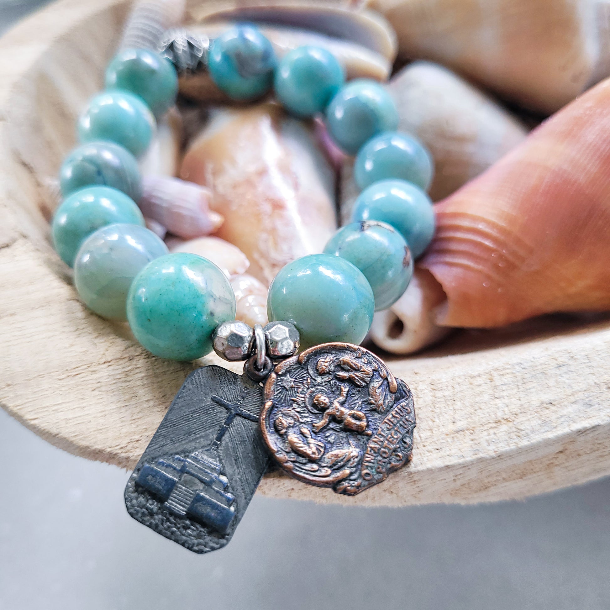 Turquoise 12mm Beaded Bracelet with Our Lady of Medjugorje and Infant Jesus Medal - Afterlife Jewelry Designs