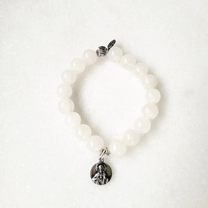 White jade 10mm Beaded Bracelet w/ Our Lady of Good Help / Sacred Heart of Jesus Medal - Afterlife Jewelry Designs