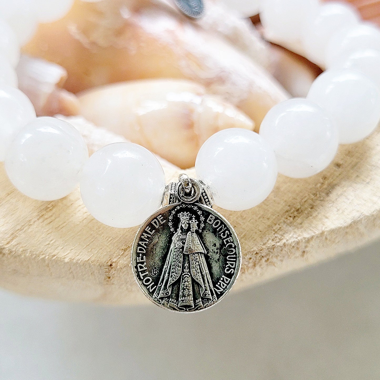 White jade 10mm Beaded Bracelet w/ Our Lady of Good Help / Sacred Heart of Jesus Medal - Afterlife Jewelry Designs