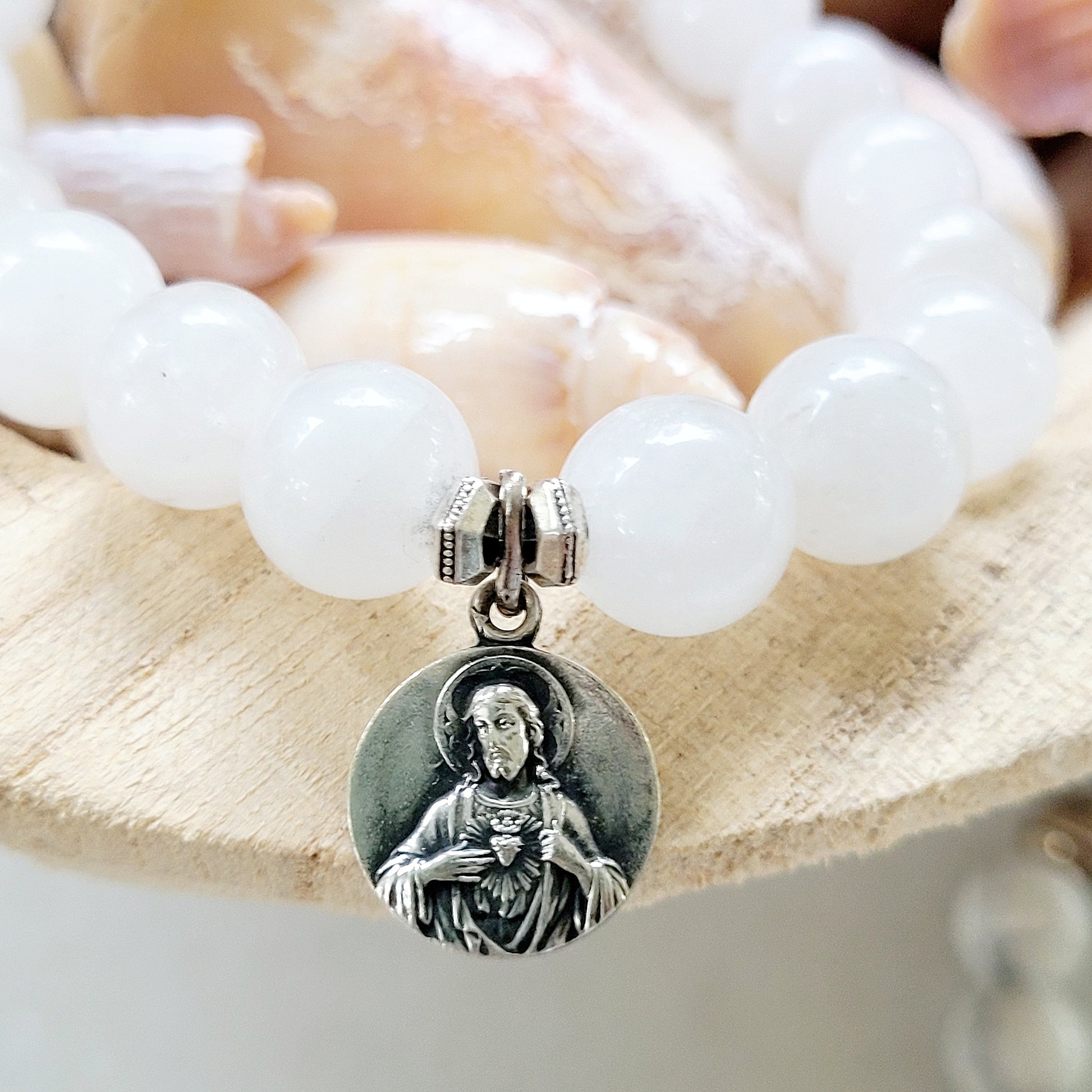 White jade 10mm Beaded Bracelet w/ Our Lady of Good Help / Sacred Heart of Jesus Medal - Afterlife Jewelry Designs