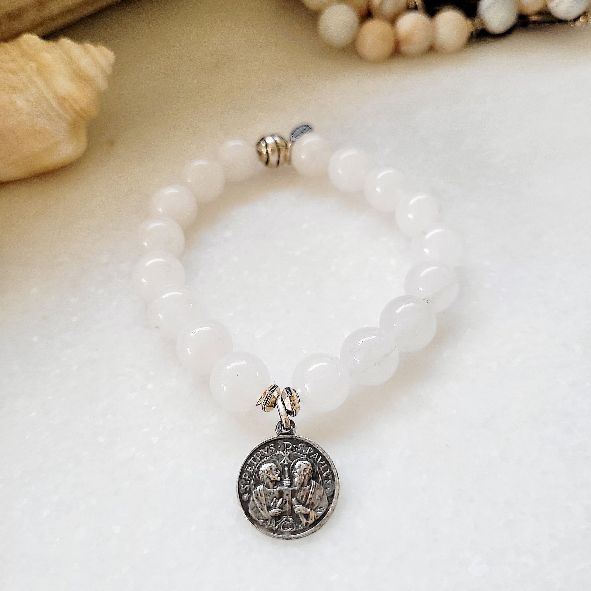 White jade 10mm Beaded Bracelet w/ Silver Medal of St. Peter + St. Paul / Pope St. John the Twenty-Third - Afterlife Jewelry Designs