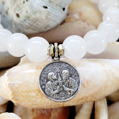 White jade 10mm Beaded Bracelet w/ Silver Medal of St. Peter + St. Paul / Pope St. John the Twenty-Third - Afterlife Jewelry Designs