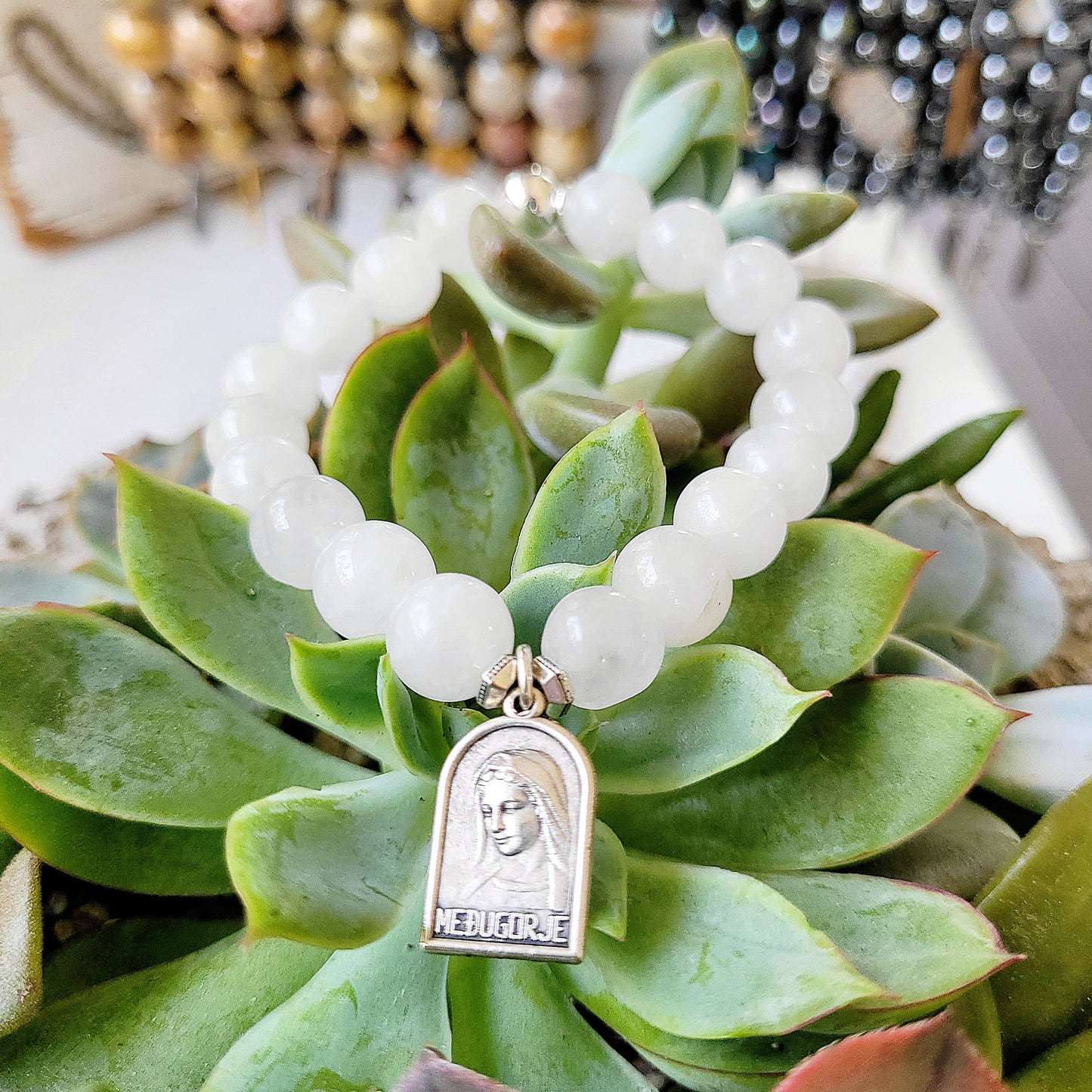 White jade 10mm Beaded Bracelet w/ Our Lady of Medjugorje Medal - Afterlife Jewelry Designs