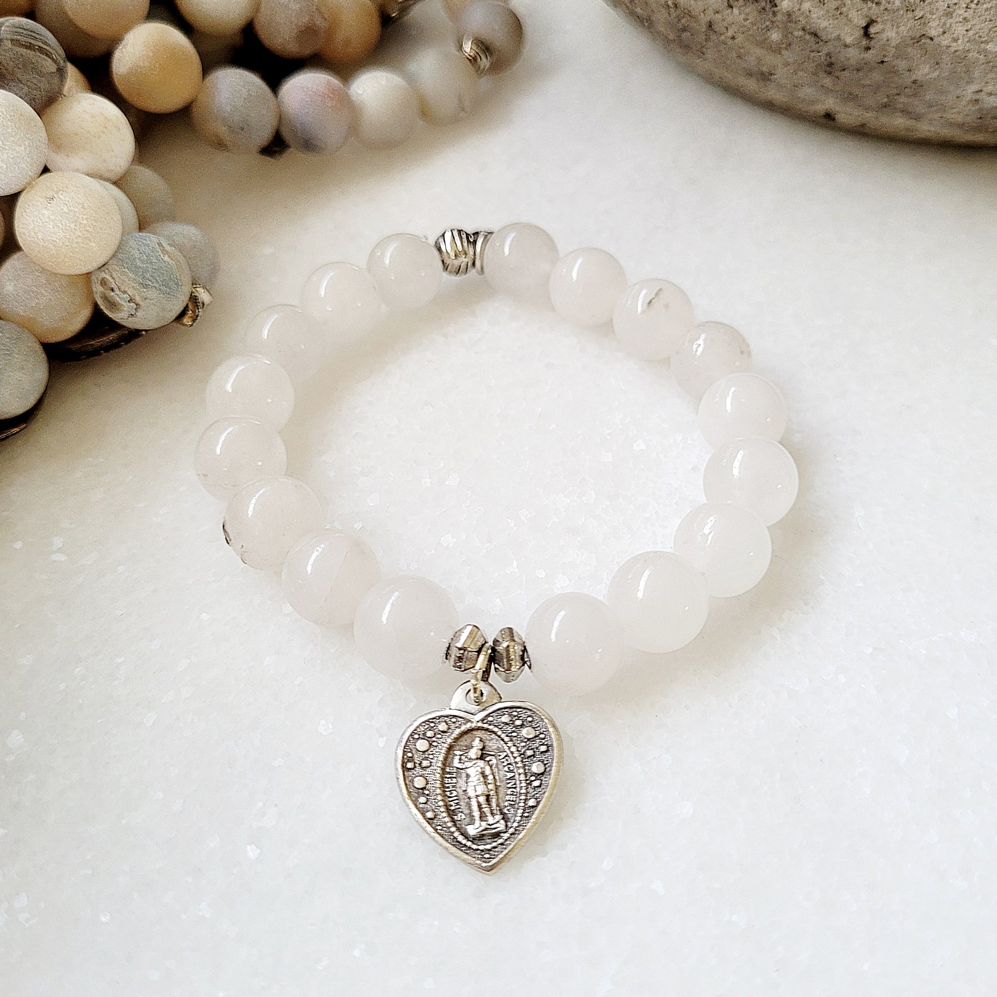 White jade 10mm Beaded Bracelet w/ St. Michael The Archangel Heart shaped Medal - Afterlife Jewelry Designs