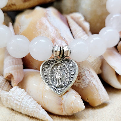 White jade 10mm Beaded Bracelet w/ St. Michael The Archangel Heart shaped Medal - Afterlife Jewelry Designs