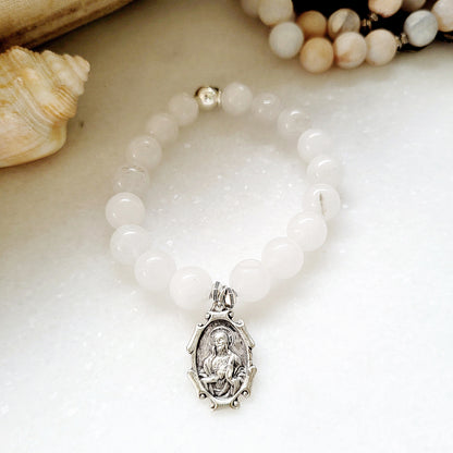 White jade 10mm Beaded Bracelet w/ Sacred Heart of Jesus / Our Lady of Mount Carmel Medal - Afterlife Jewelry Designs